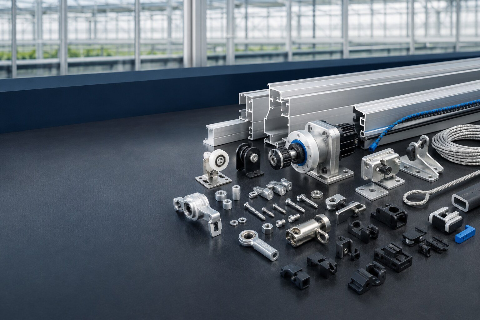 Selection of greenhouse screen system parts and components